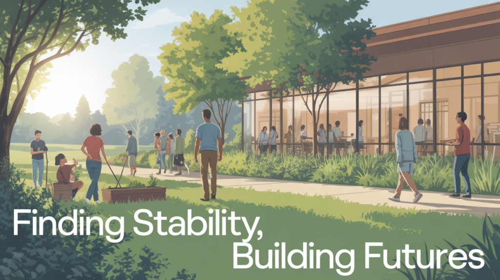 a group of people outside a building :Long term Mental Health Facilities
