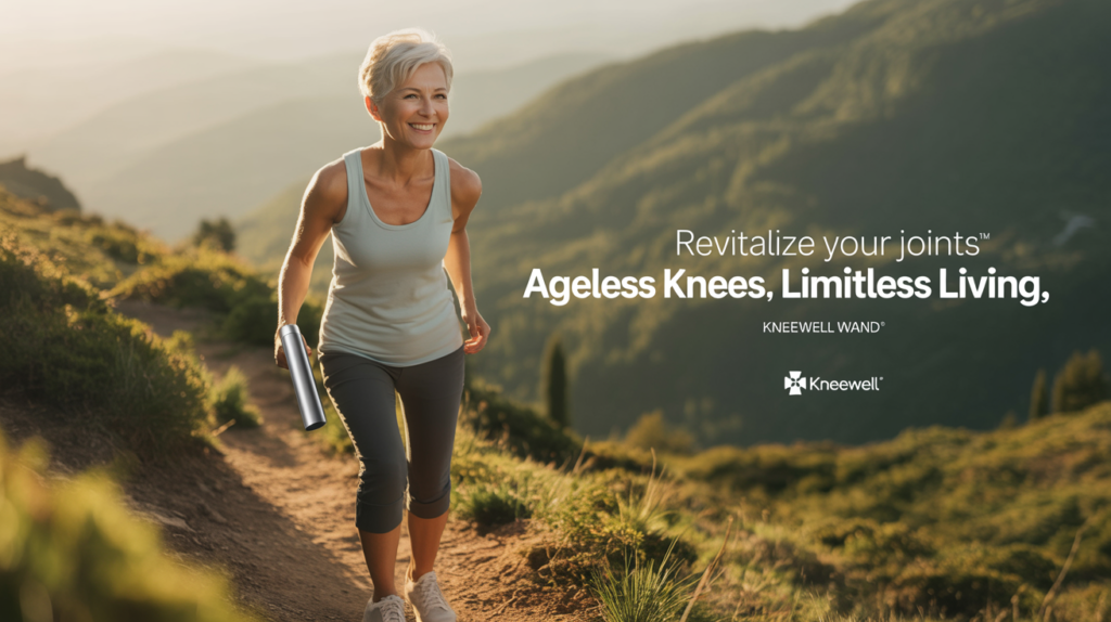 Ageless Knees Wand handheld vibration device applied to knee for enhanced knee health and joint mobility exercises.