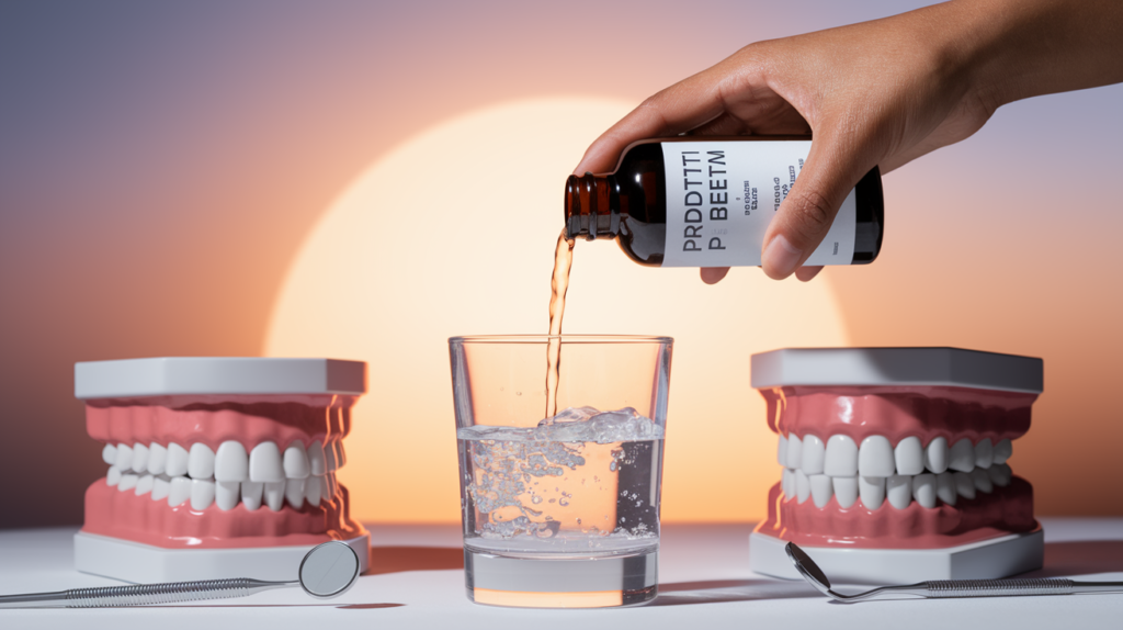bottle of Prodentim against a blurred background of teeth and dental tools, all set against a gradient sunset sky. The hand pours the perfect dosage into a glass of water, symbolizing the precision and care needed for optimal oral health. The overall tone is serene yet inviting, encouraging viewers to explore the detailed guide on how to take Prodentim effectively.
