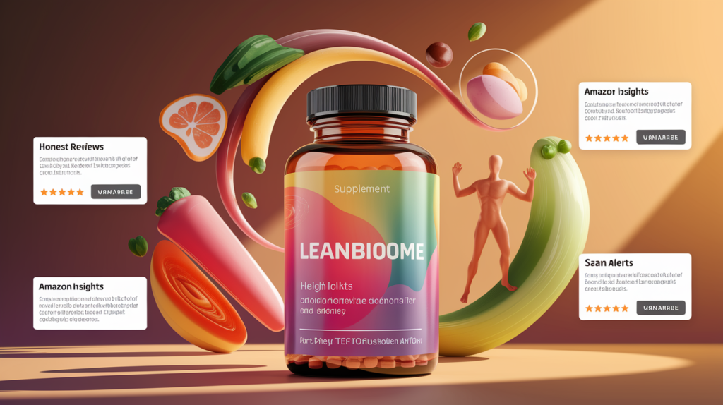 A vibrant, warm-hued digital art piece featuring a sleek, modern supplement bottle labeled "LeanBiome" prominently displayed at the center.